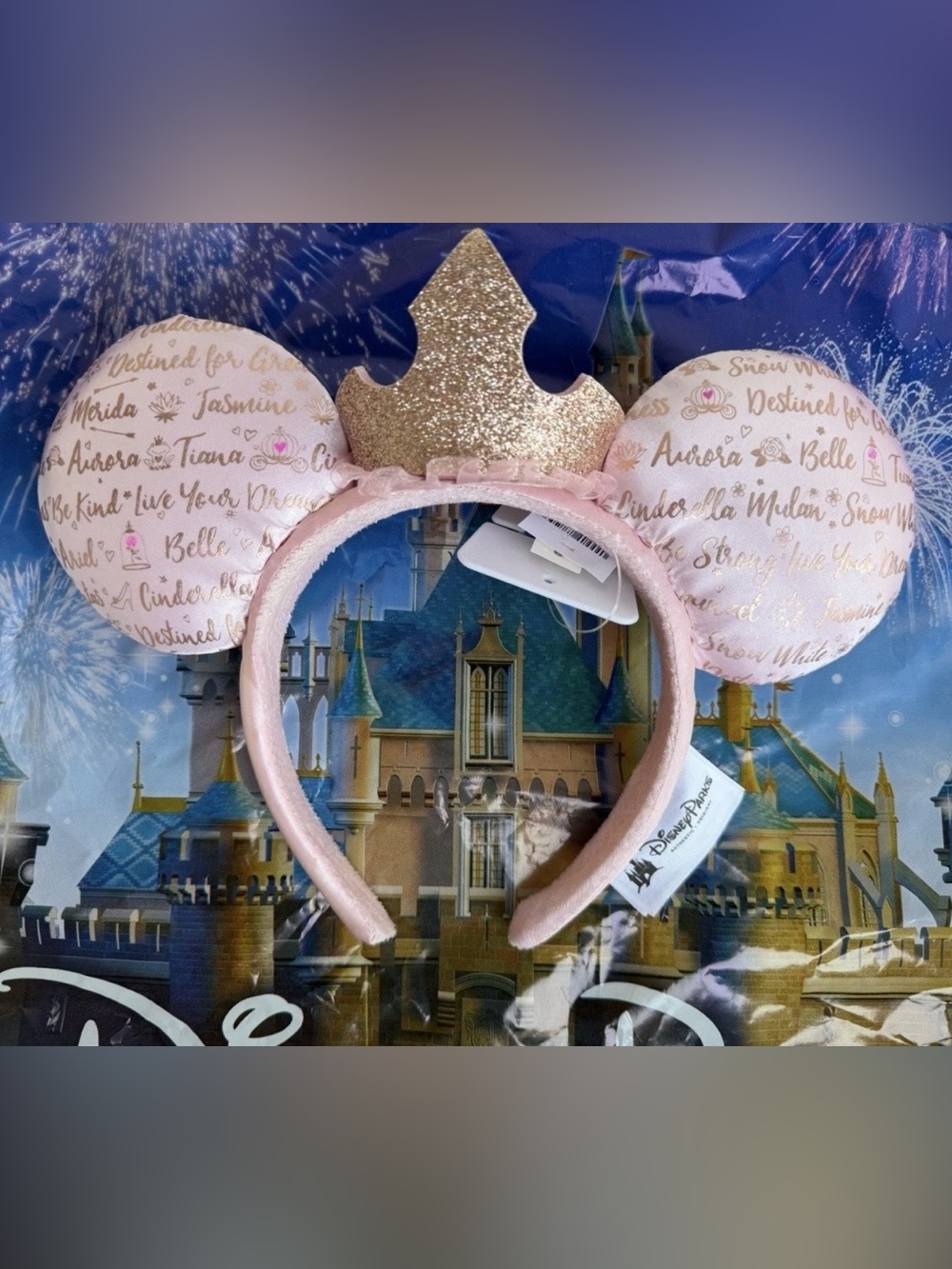NWOT -Authentic Disney Parks Dream Big, Princess Pink Satin/Gold Tiara Ears 2018